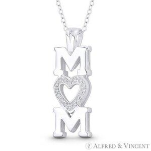 "Mom" Script & CZ Crystal Pave Heart Charm Pendant in .925 Sterling Silver